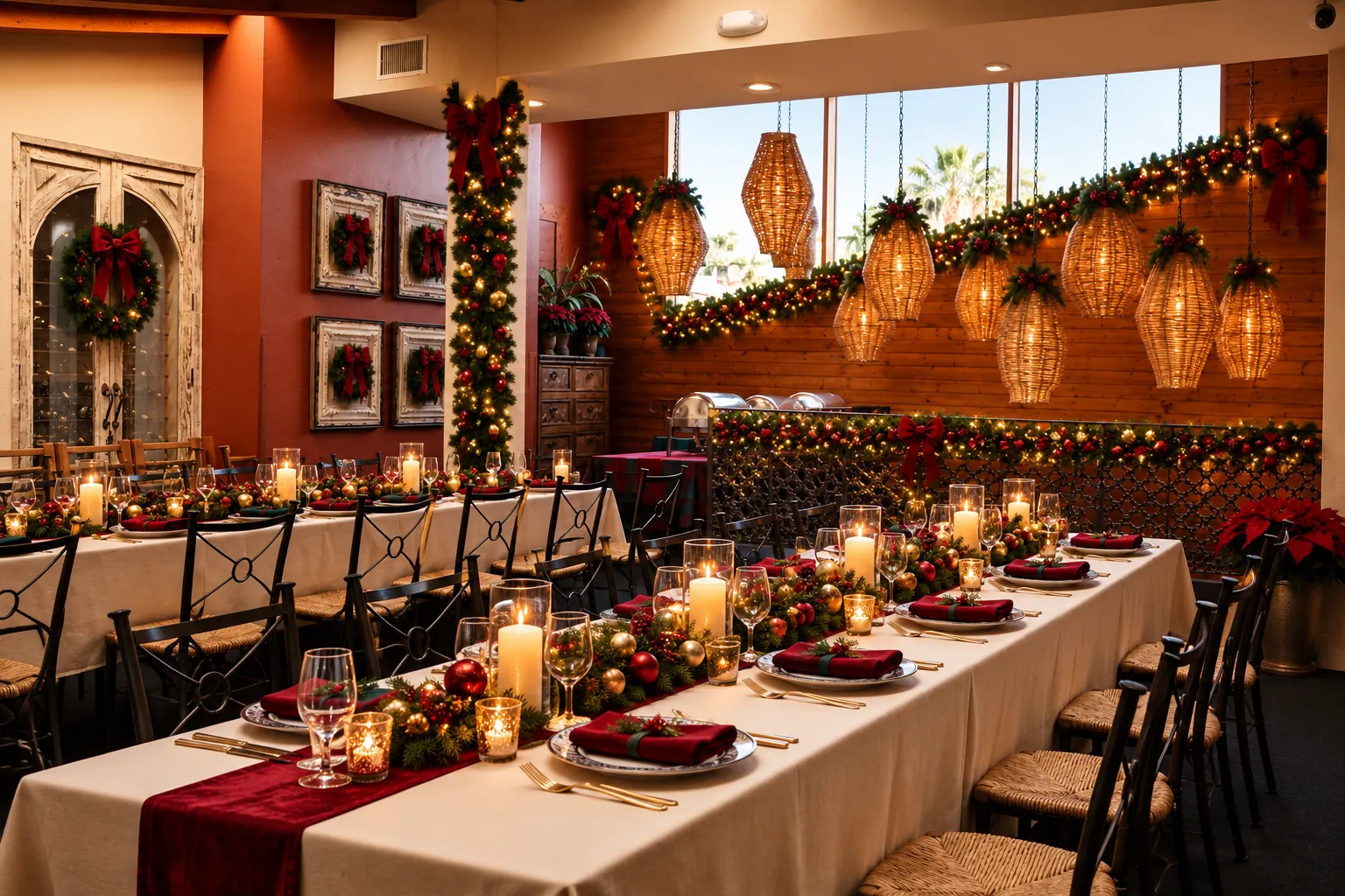 Holiday dinner at Ortega's Festive holiday dinner setup with candles, wreaths and greenery for a corporate holiday party in Hillcrest