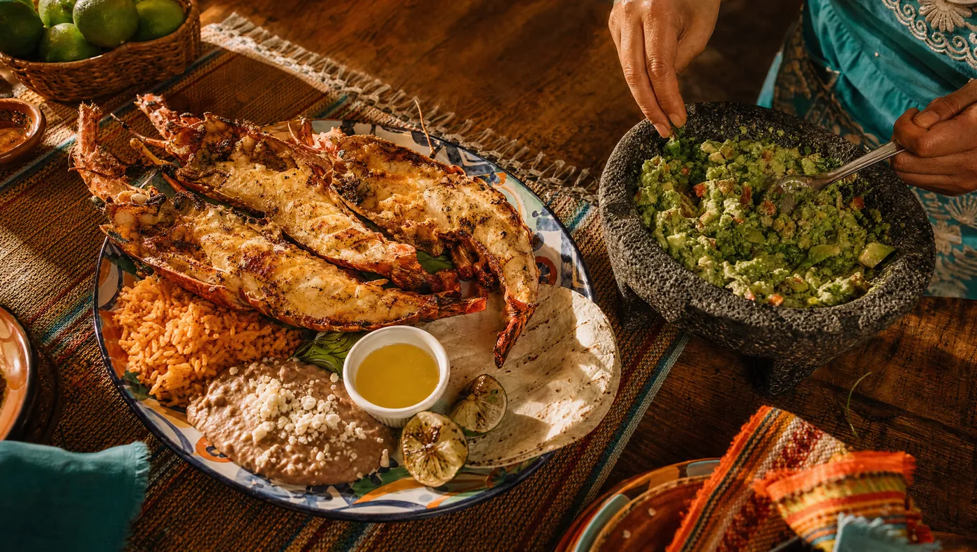 Puerto Nuevo-style lobster at Ortega's Puerto Nuevo-style Baja lobster with rice, beans and tableside guacamole