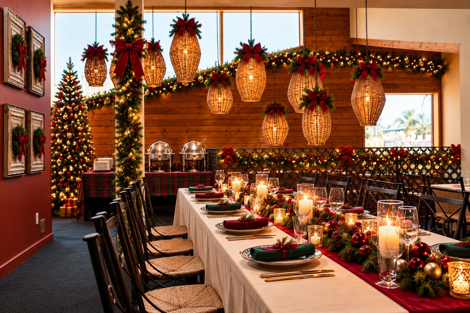 Holiday party table at Ortega's Long holiday banquet table with Christmas centerpieces under woven lanterns at a San Diego Mexican restaurant