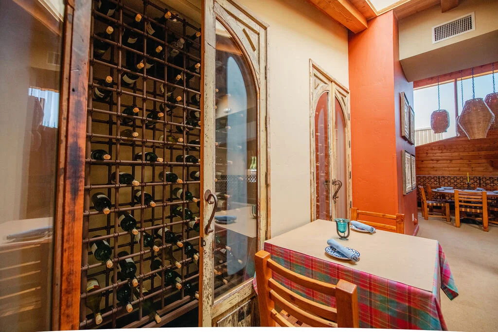 Dining room and wine wall at Ortega's Mexican bistro Dining room and wine wall at Ortega's Mexican bistro