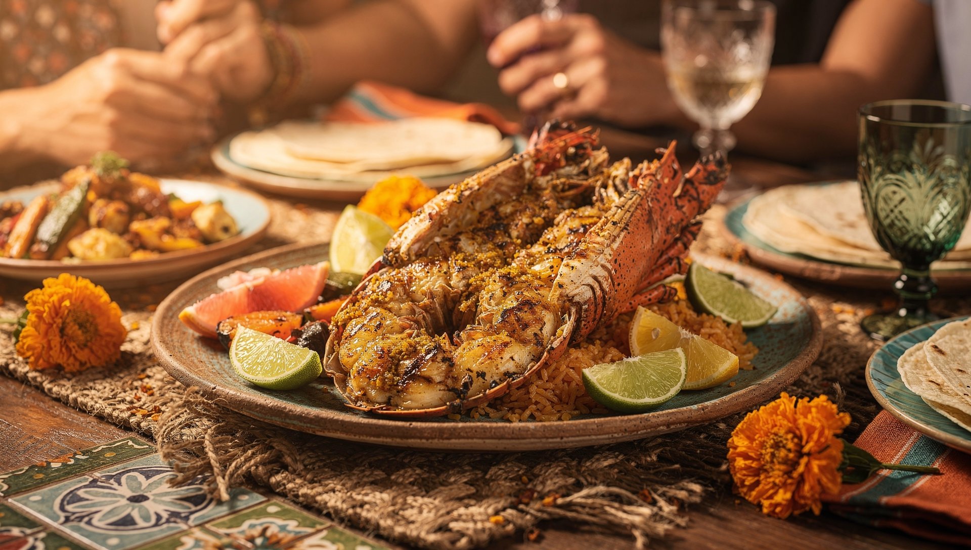 Elegantly plated Baja-style lobster dinner with citrus garnish