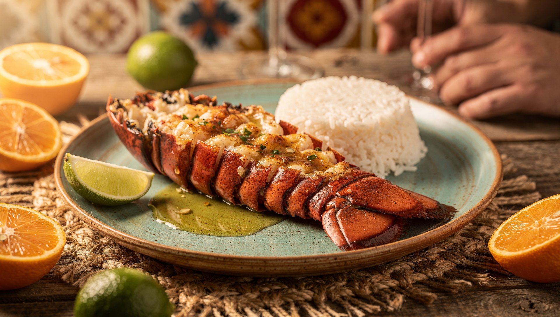 Baja-style split lobster tail plated with rice and garlic butter