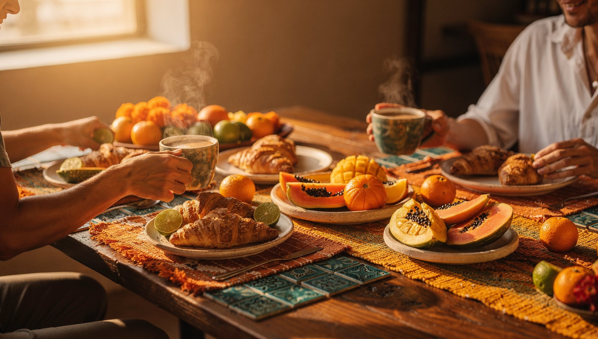 Cheerful brunch table with coffee, pastries, and fresh fruit