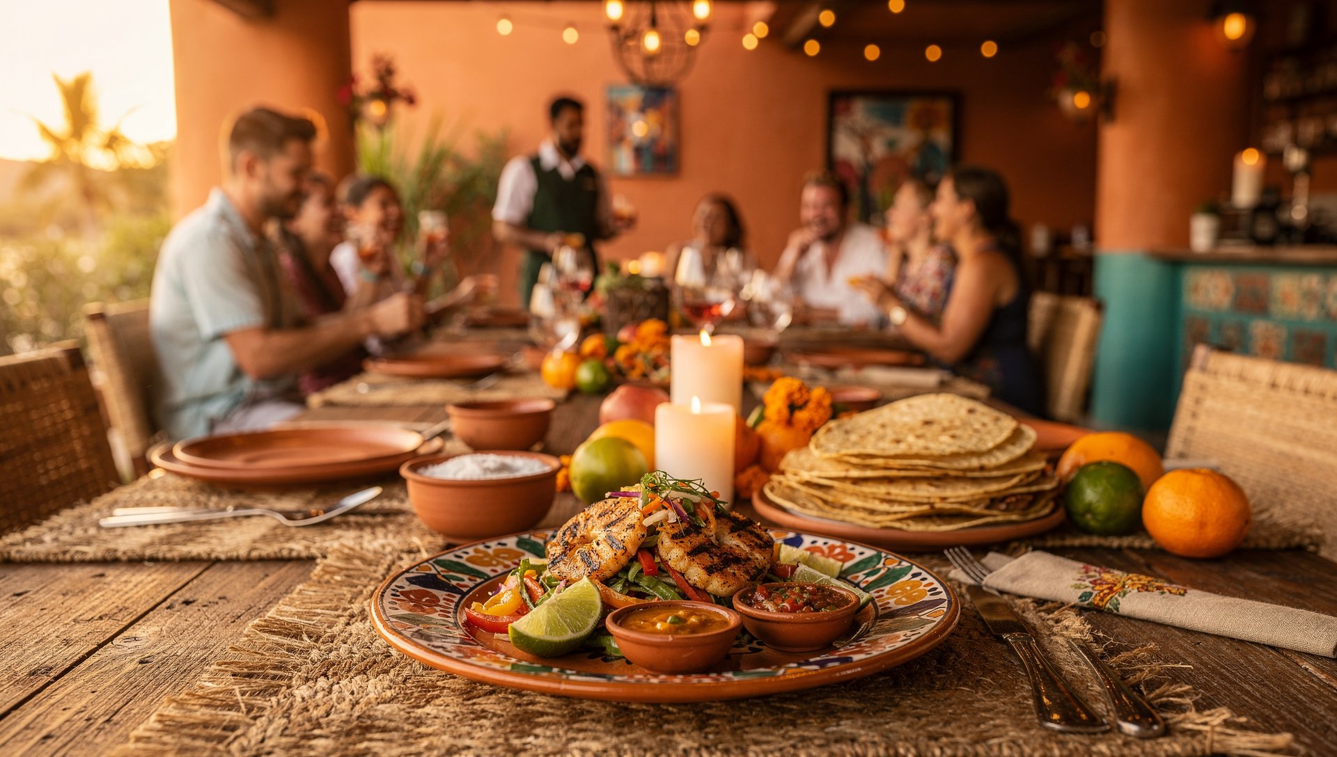 Welcoming restaurant dining room with a plated Cal-Mex dish