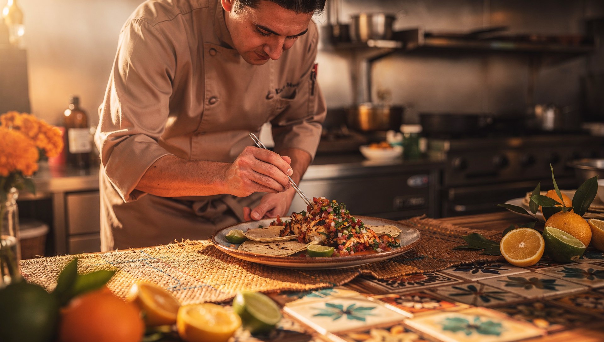 Chef finishing a beautifully plated gourmet Mexican dish in the kitchen