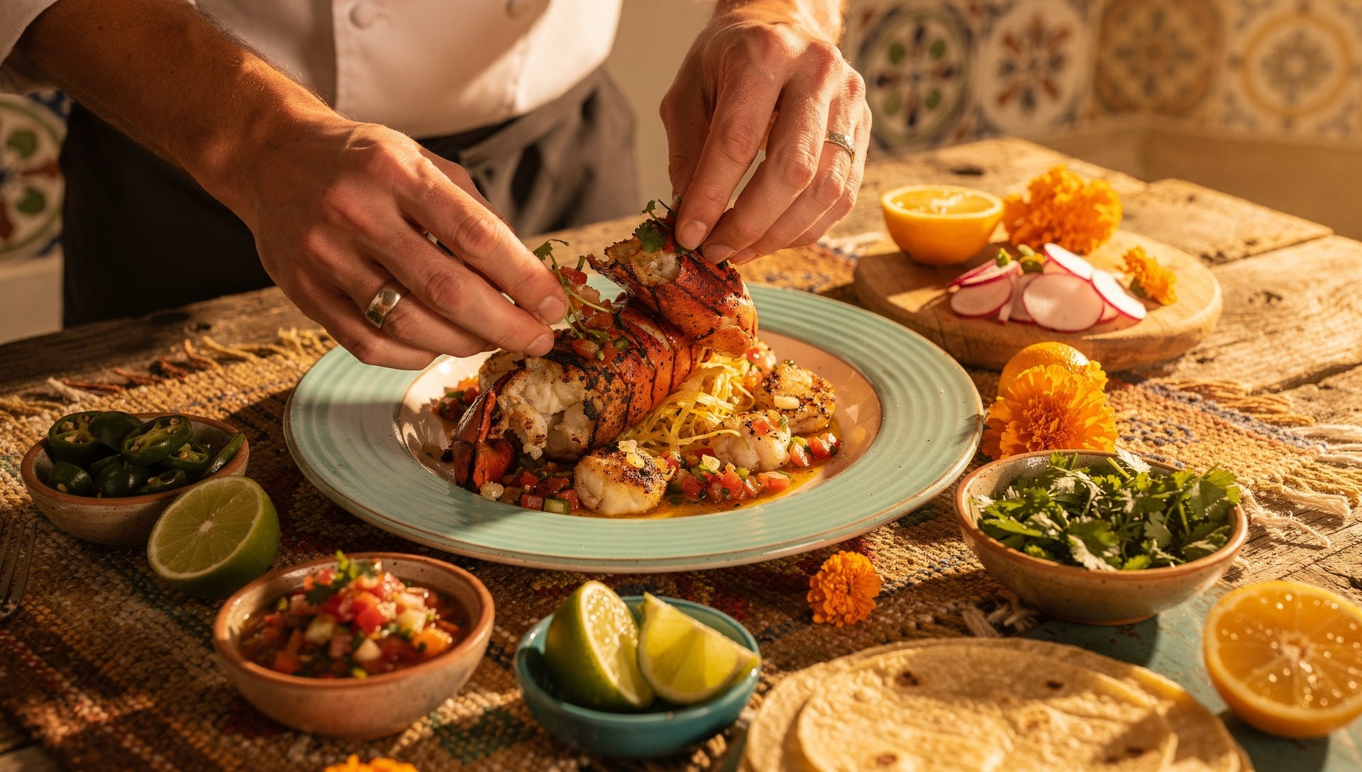 Chef's hands plating a Mexican dish tableside in warm kitchen light