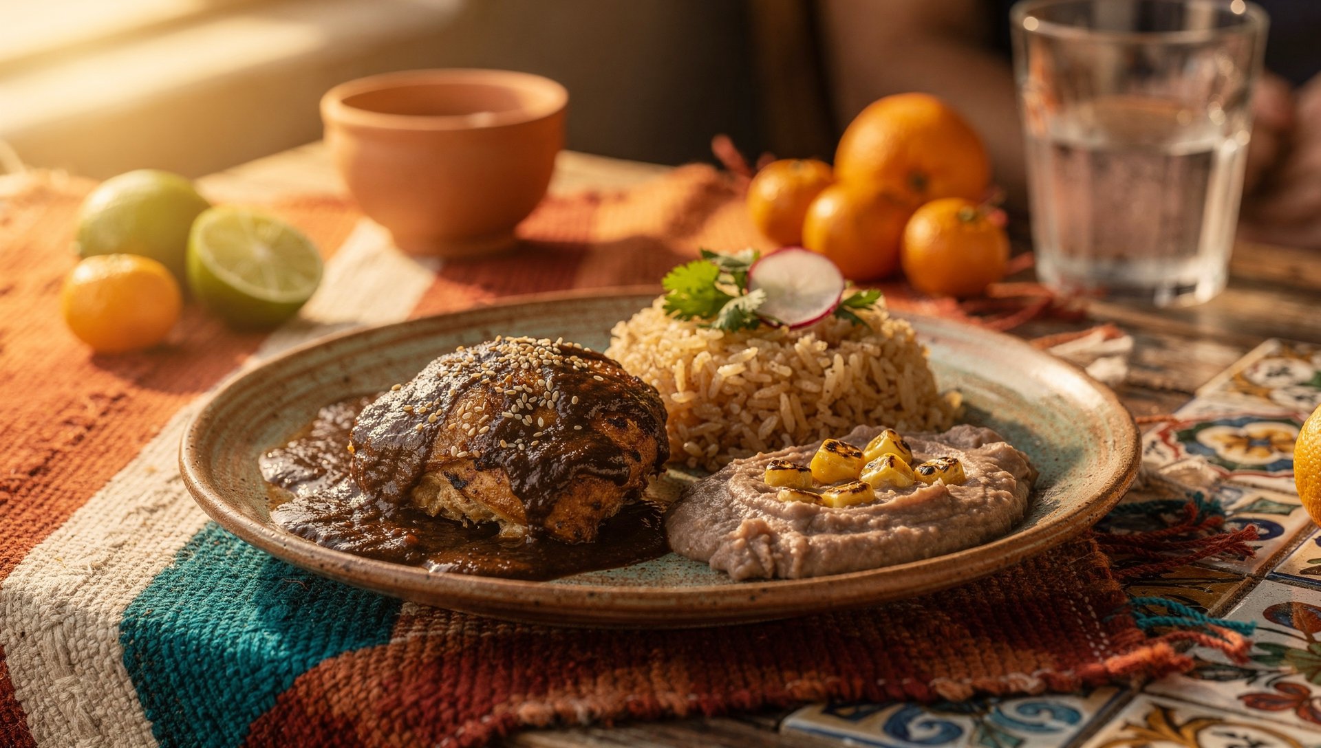 Plated chicken mole with rice and beans on a rustic ceramic dish