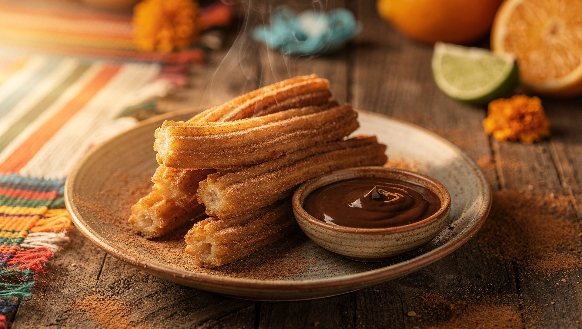 Warm churros dusted in cinnamon sugar with chocolate dipping sauce