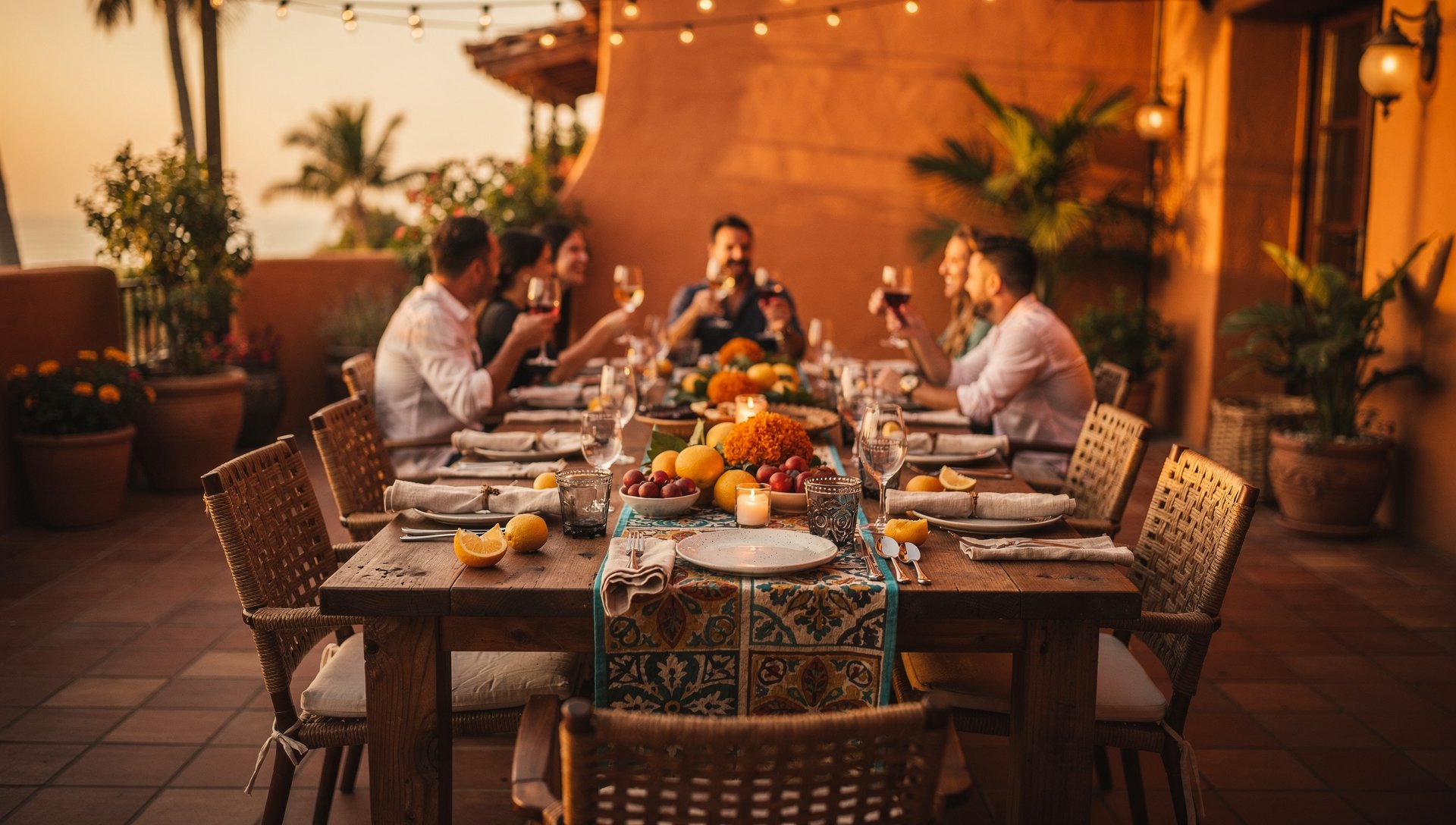 Elegant restaurant patio dinner scene set for an award-worthy evening