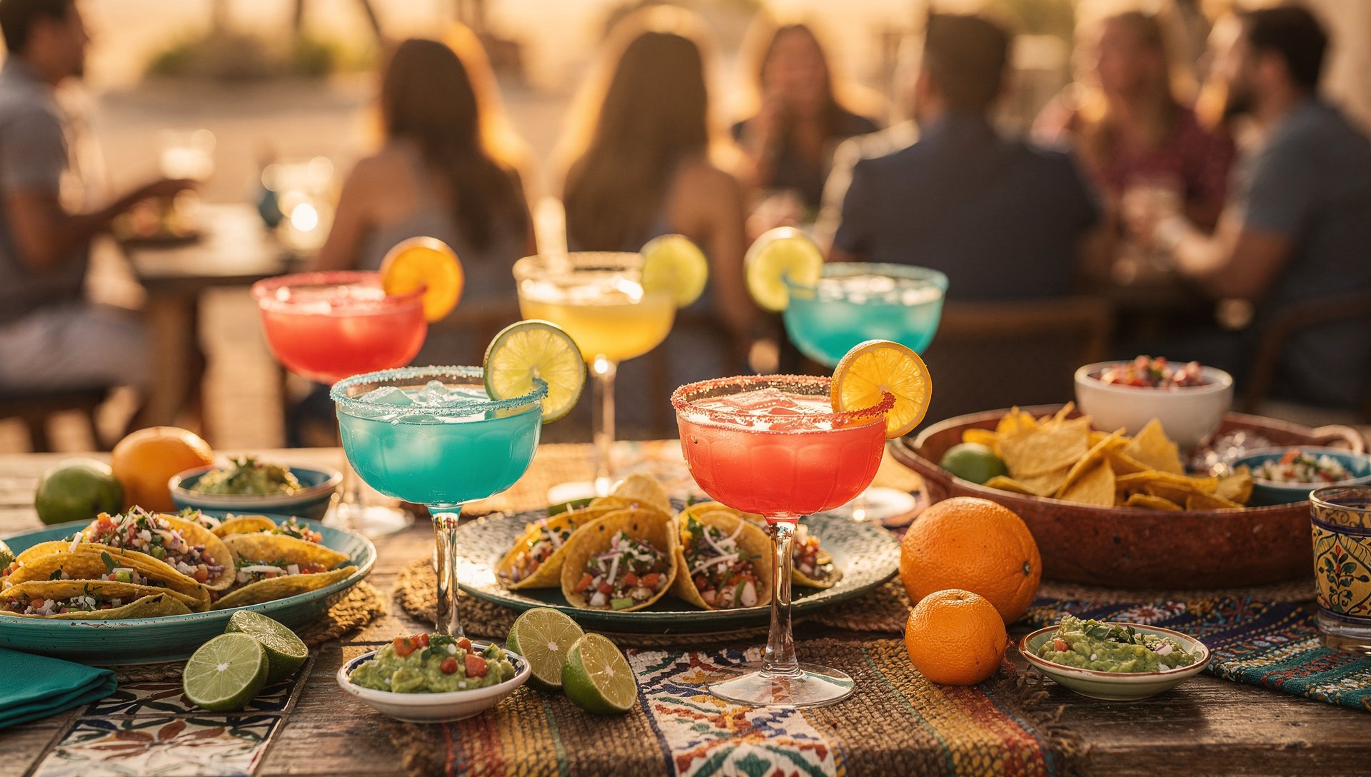 Lively happy hour bar scene with margaritas and shared appetizers