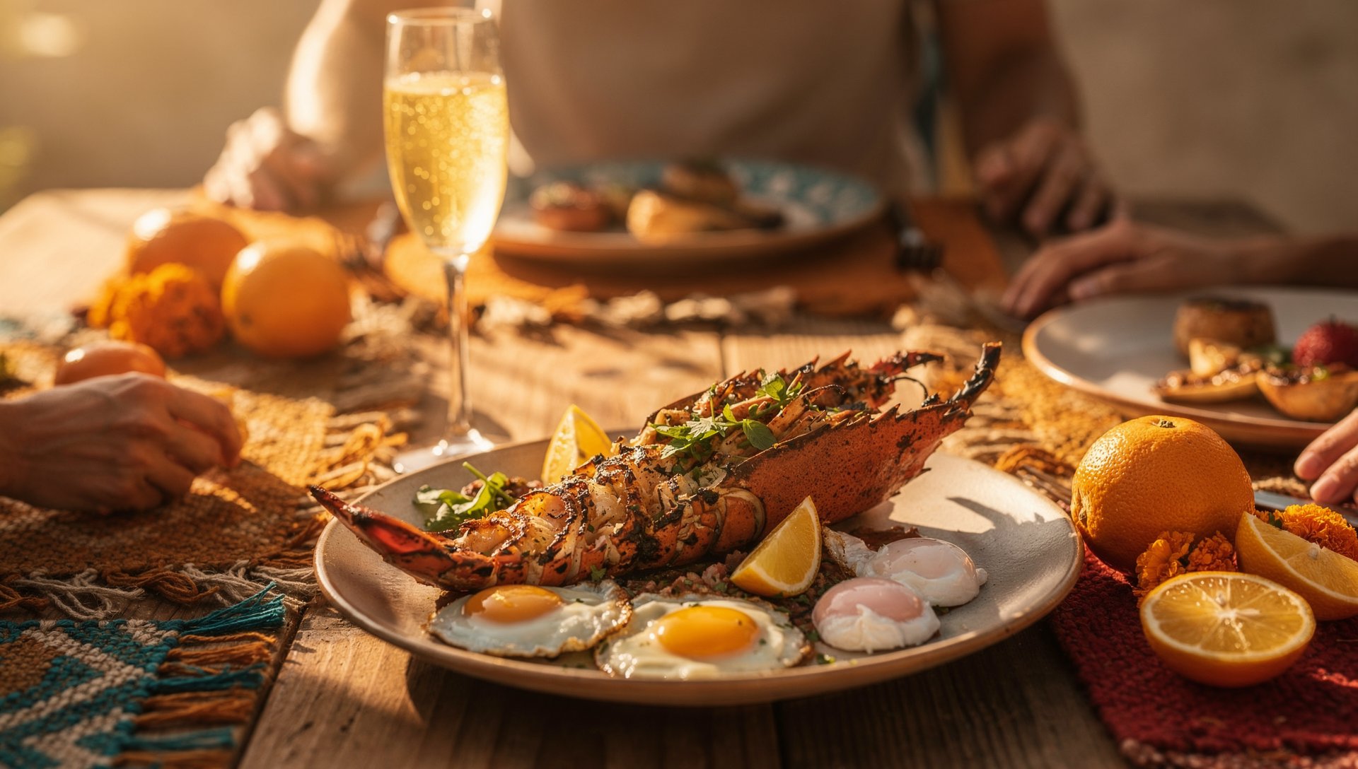 Brunch table with a lobster dish, eggs, and a mimosa in morning light