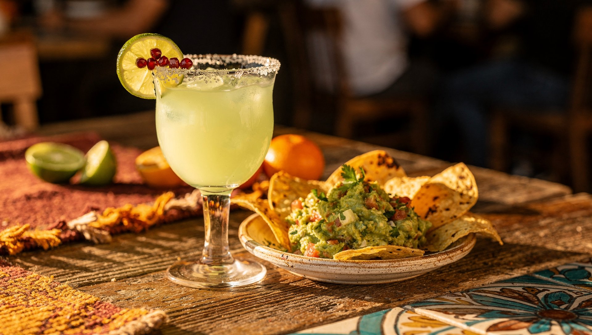 Salt-rimmed pomegranate margarita beside fresh guacamole at a San Diego cantina
