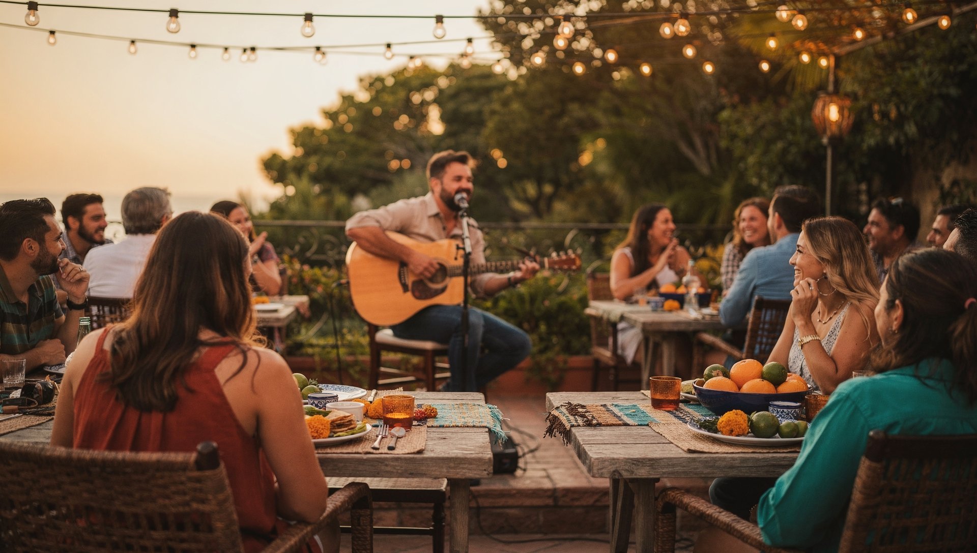 Acoustic guitarist performing on a restaurant patio stage in the evening