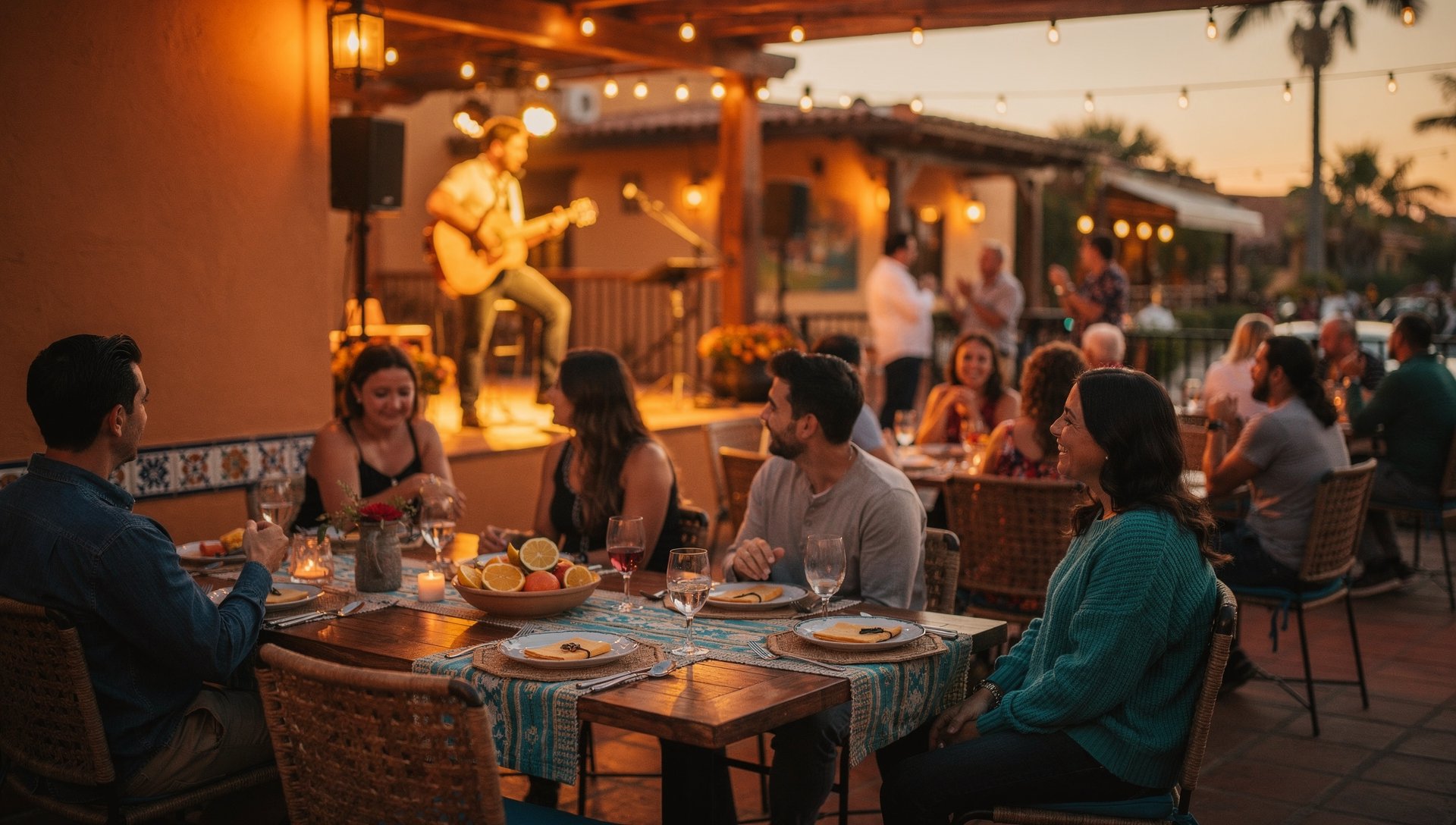 Live acoustic music night on a restaurant patio with string lights
