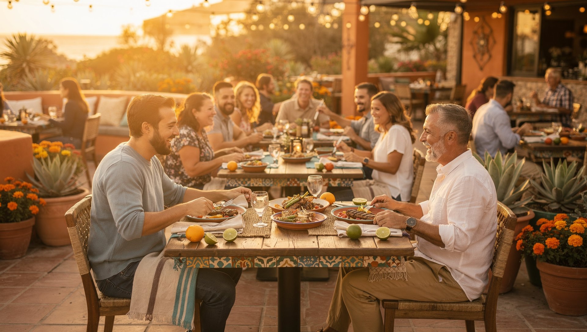 Warm restaurant patio dining scene at golden hour with string lights