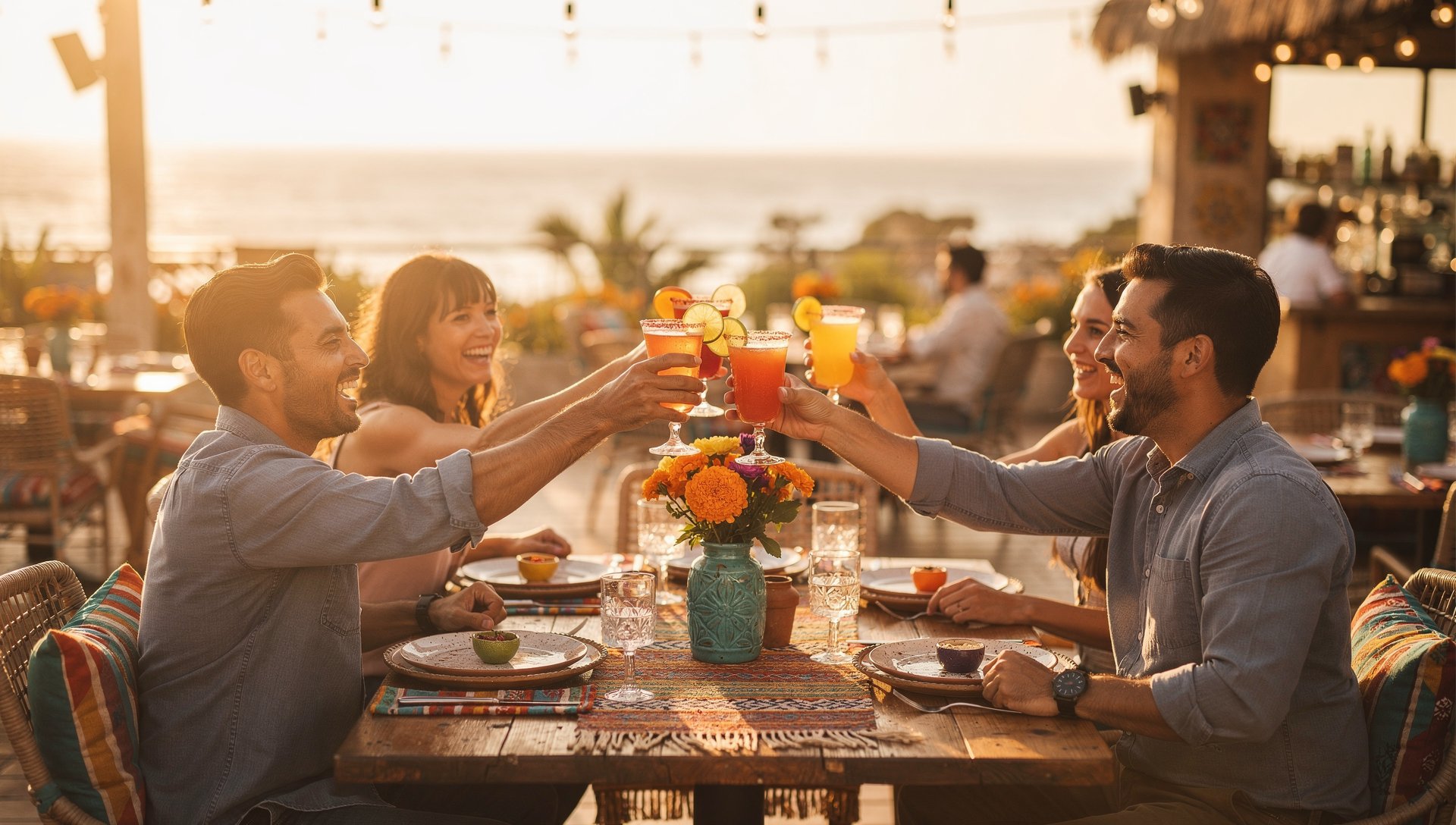 Friends cheering with colorful drinks on a festive restaurant patio