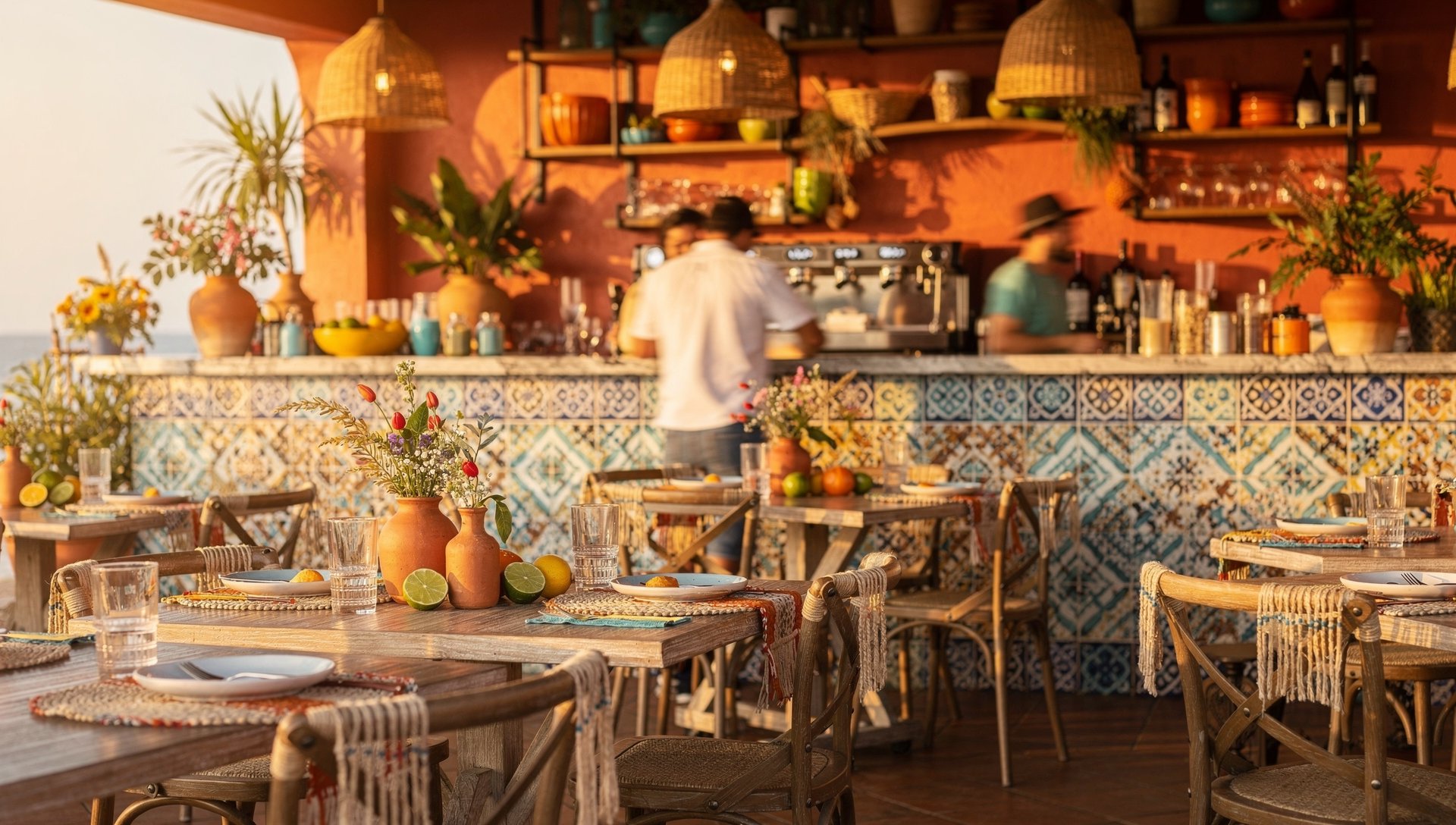 Colorful Puerto Nuevo-inspired restaurant dining room with talavera tile accents