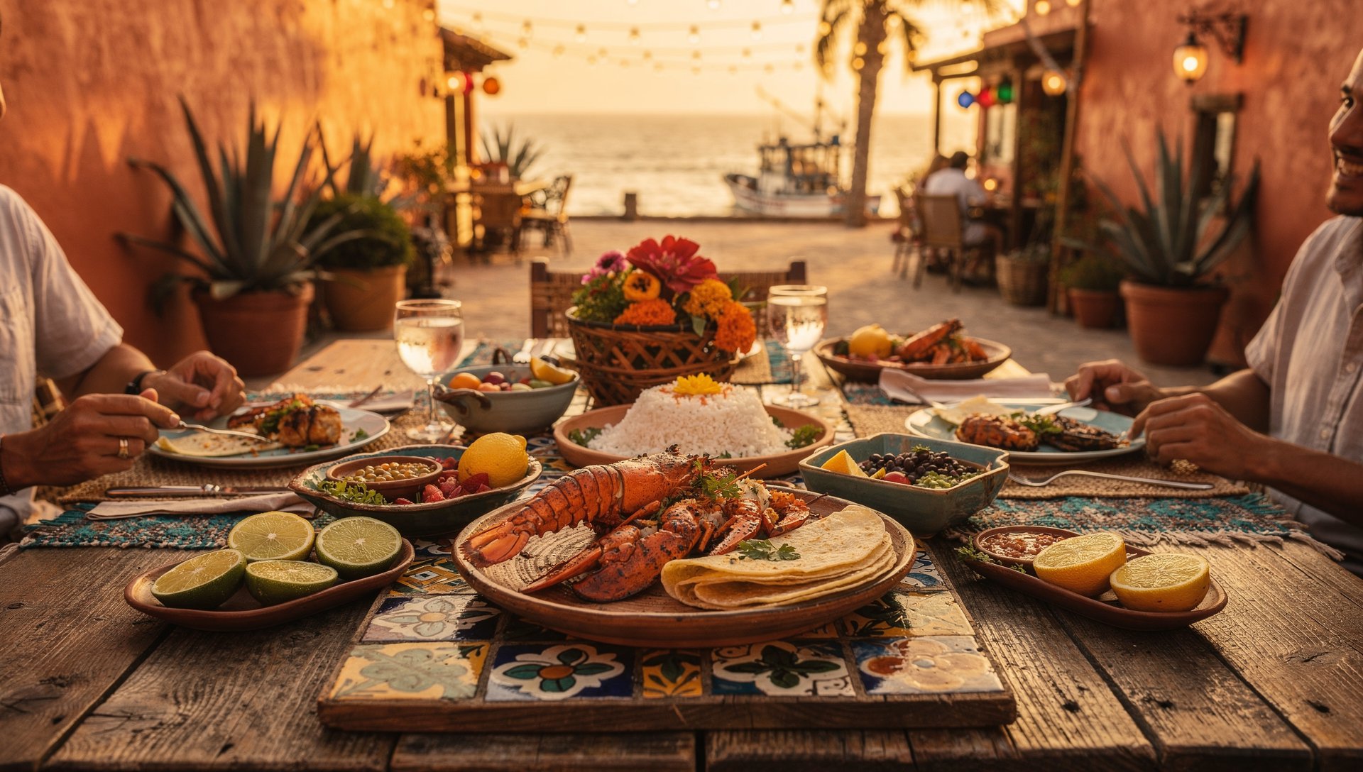 Festive Baja-style lobster dinner scene evoking Puerto Nuevo flair