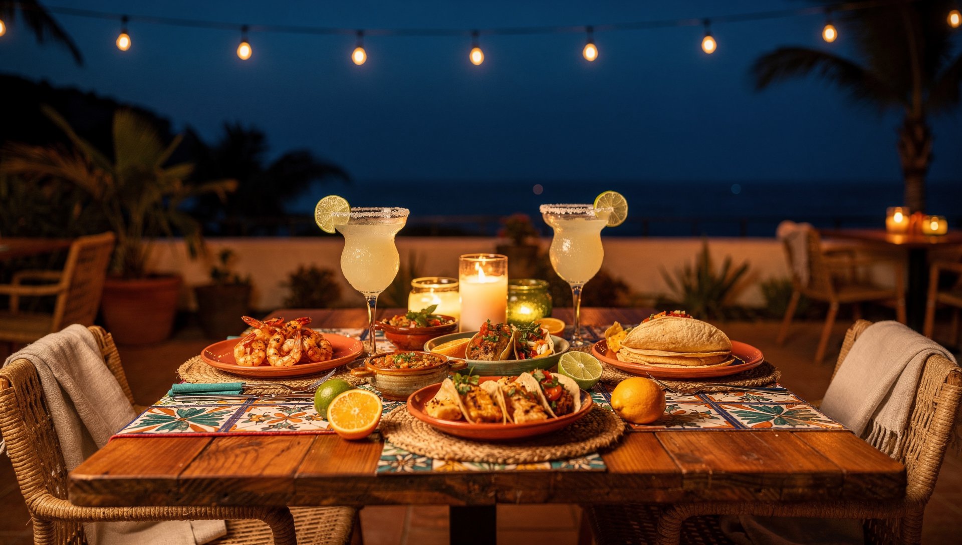 Candlelit patio dinner table for two with margaritas at dusk