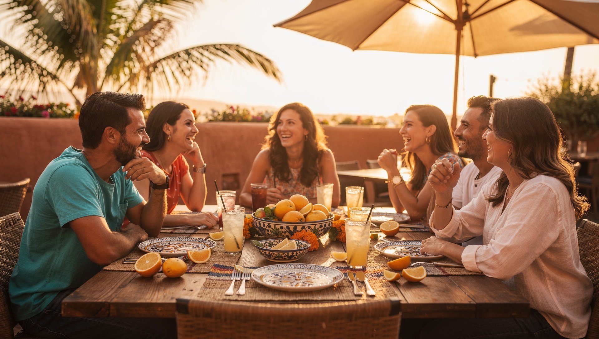 Sunny outdoor restaurant patio with friends gathered over iced drinks