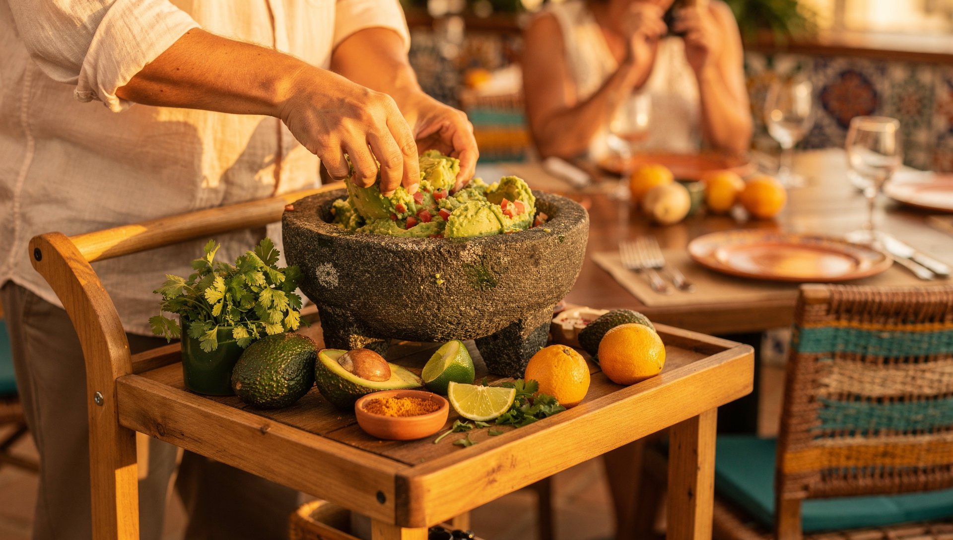 Fresh guacamole being prepared tableside in a stone molcajete