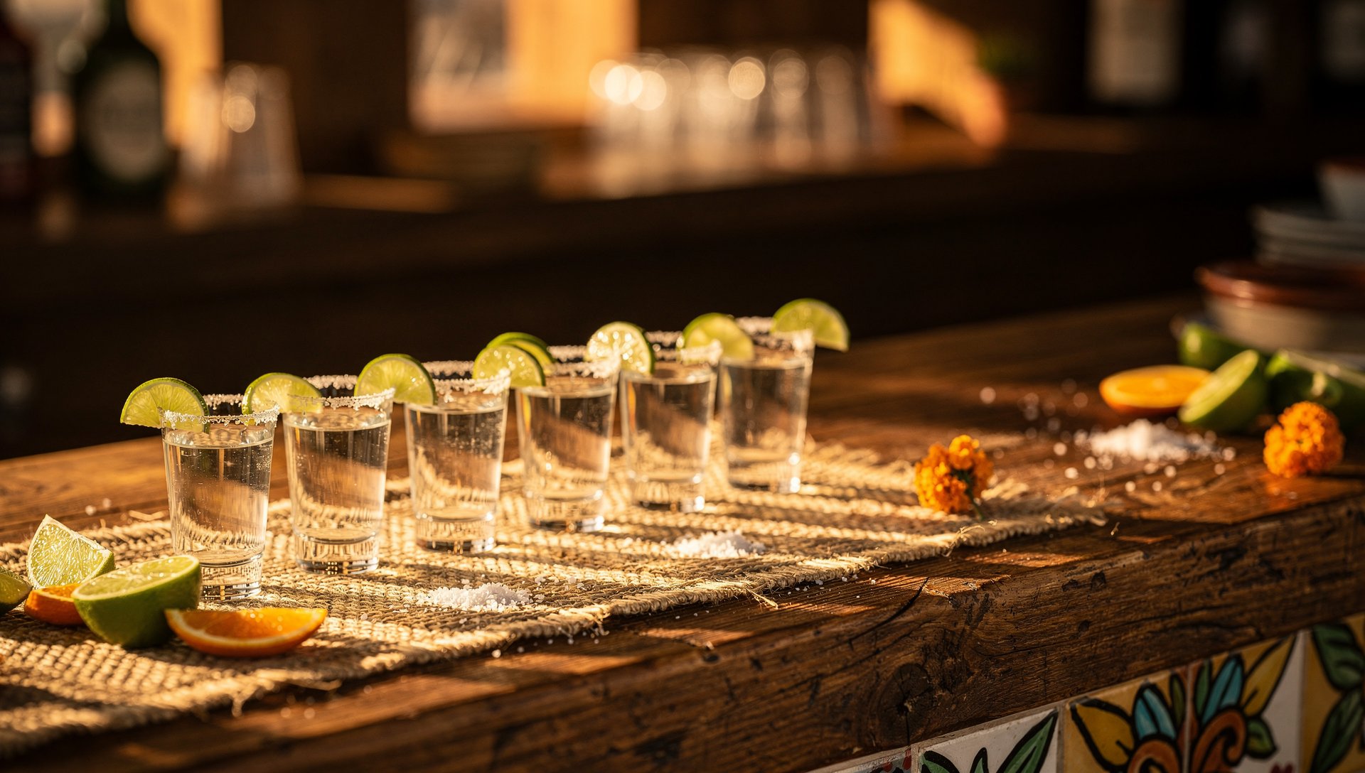 Row of tequila shots with lime and salt on a festive bar top