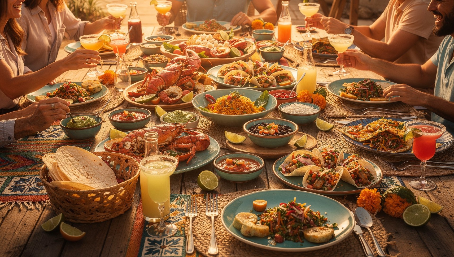 Celebratory full table spread of vibrant Mexican dishes shared among friends